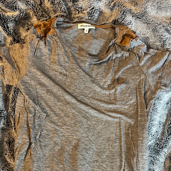 Massimo Dutti gray and Brown Cut Out Short Sleeve Tee -suede capped sleeves - Picture 1 of 5